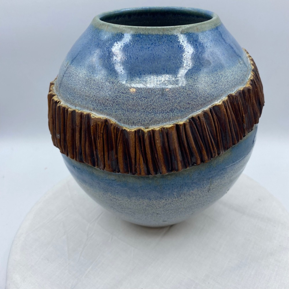 Studio Pottery Blue Speckled Globular Vase Textured Brown Band Artist Signed 8"